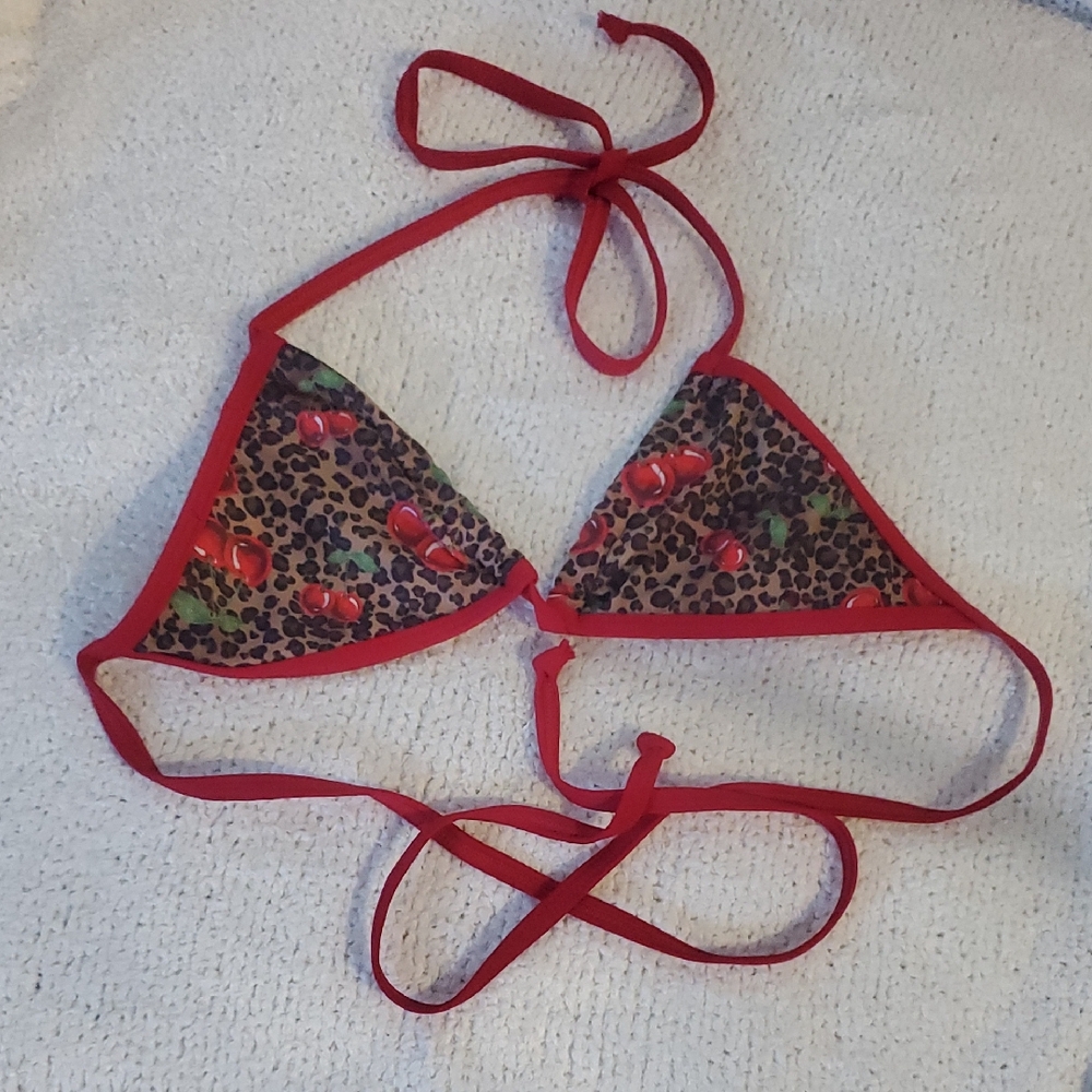 Musera Red Leopard Print Cherry Bikini Top Small